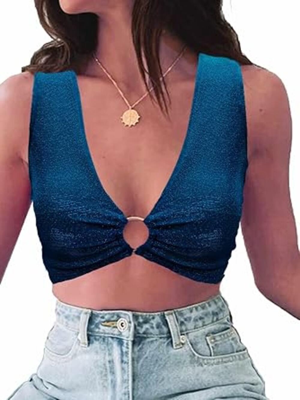 NWT Fashion Teal Blue Glitter Sparkle Grommet Crop Tank Top Women's Size XS